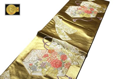 画像1: ■「池田織物謹製-引箔」 花車 金色 豪華な 正絹 袋帯■