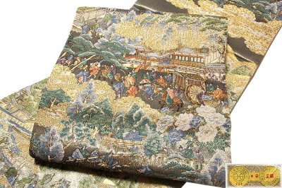画像2: ■「桜井織物謹製」 時代絵巻 風景 金糸 正絹 袋帯■