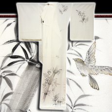 画像2: ■「竹に鳥」 墨絵風 金彩加工 白地 訪問着■ (2)