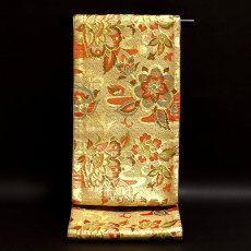 画像1: ■豪華な花柄 金色系 地紋 正絹 袋帯■ (1)