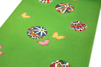 画像2: (訳ありアウトレット品)■マリ柄に蝶々 金彩加工 ボカシ 女児 三才 七才 四ッ身 正絹 七五三 反物 高級 別誂 着物■