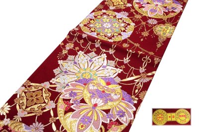 画像1: ■京都西陣織「いつき織物謹製」 花衣 エンジ色 振袖にも最適 袋帯■