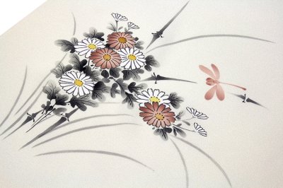 画像2: ■「塩瀬帯」 美しい花柄 トンボ柄 生成り 白色系 正絹 九寸 染め 名古屋帯■