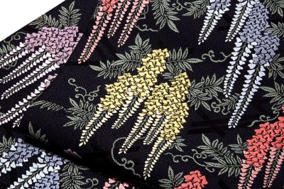 画像3: ■「京都西陣織：タケジ織物謹製」 色鮮やかで見事な 藤花文様 黒色 正絹 高級 袋帯■