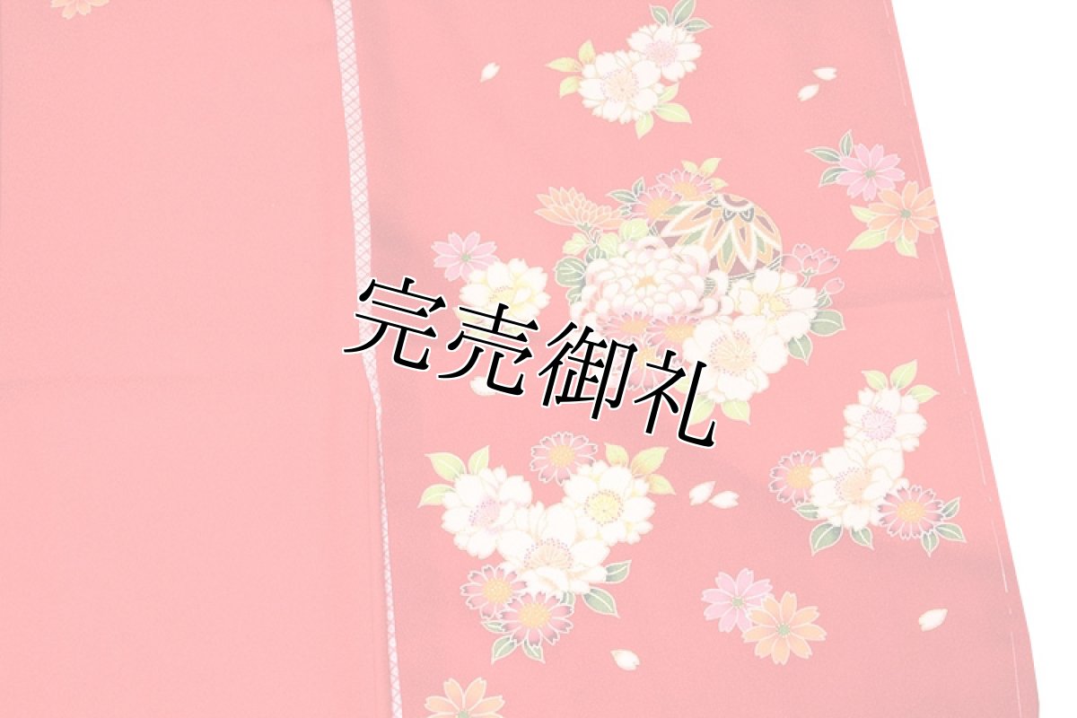 画像4: ■可愛らしい赤色系 花模様 絵羽柄 煌びやかな金彩加工 地模様入り 女児七才 四ッ身 七五三 着物■ (4)