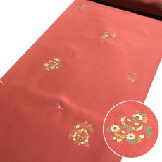 画像1: ■【訳あり】 金彩加工 花柄 甚三紅色 正絹 反物 友仙 高級 長襦袢■ (1)