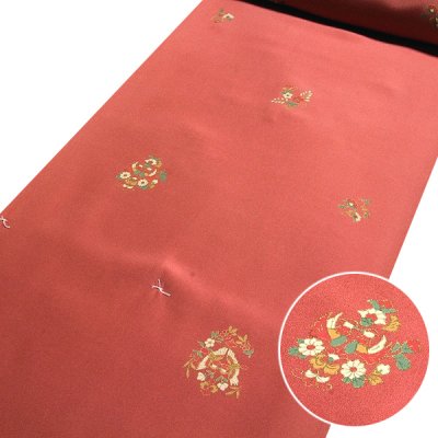 画像1: ■【訳あり】 金彩加工 花柄 甚三紅色 正絹 反物 友仙 高級 長襦袢■
