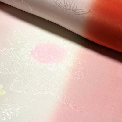 画像3: ■【訳あり】「振袖用」 振りボカシ 袖ボカシ 鉛丹色系×薄ピンク色系 ボカシ染め 反物 正絹 長襦袢■