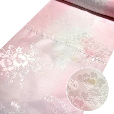画像1: ■【訳あり】 振袖用 花柄 振りボカシ 袖ボカシ 虹色×ピンクベージュ色 反物 正絹 長襦袢■