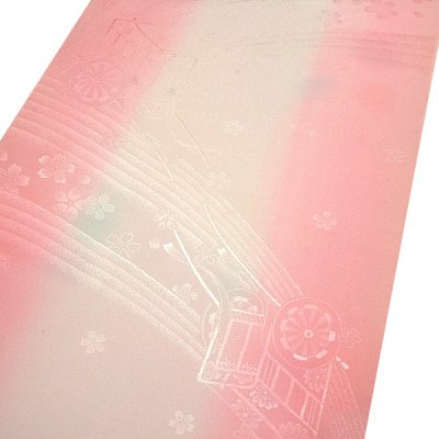 画像2: ■【訳あり】 「振袖用」 振りボカシ 袖ボカシ 珊瑚色×ピンクベージュ色系 御所車 反物 正絹 長襦袢■