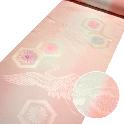 画像1: ■【訳あり】 「振袖用」 袖ボカシ 一斤染×ピンクベージュ色系 亀甲に菊 鶴柄 古典柄 反物 正絹 長襦袢■
