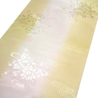 画像2: ■【訳あり】 振袖用 袖ボカシ 淡黄色×ピンクベージュ色系 花柄 反物 正絹 長襦袢■