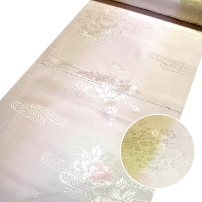 画像1: ■【訳あり】 振袖用 袖ボカシ 淡黄色×ピンクベージュ色系 花柄 反物 正絹 長襦袢■