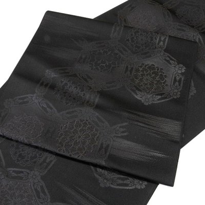 画像1: ■喪服帯 黒共帯 別染 緞子織 黒色 九寸 正絹 名古屋帯■