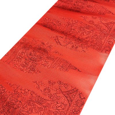 画像1: ■名古屋帯 正絹 訳あり 本場筑前博多織 八寸 緑印 赤丹色 博多帯■