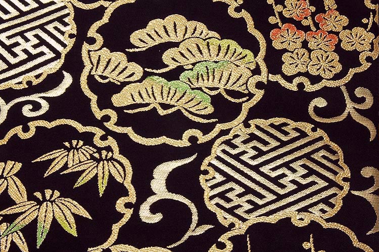 龍村美術織物-雪輪松竹梅」 黒地に金 たつむら 最高級品 正絹 袋帯
