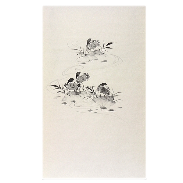 塩瀬帯：五泉生地：日本の絹使用」 沢ガニ柄 手描き 墨絵風 生成り 