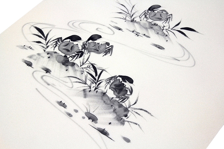 塩瀬帯：五泉生地：日本の絹使用」 沢ガニ柄 手描き 墨絵風 生成り 