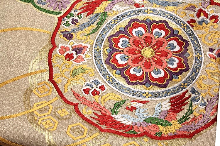 C445厳選西陣 相良刺繍 鏡裏花鳥吉祥文様 太鼓柄高級正絹純金糸美術 