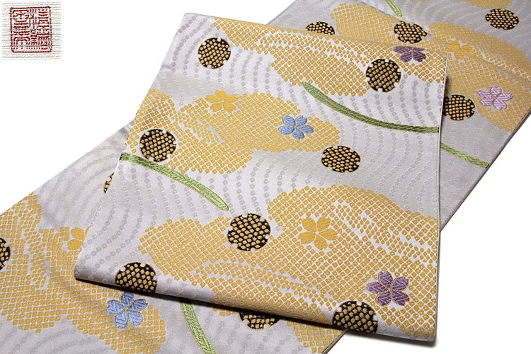 正絹　袋帯　西陣　雪輪　桜　黄色　金糸　仕立て上り　未使用　高級品
