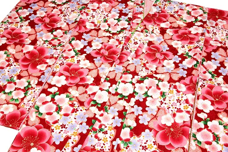 美しい桜柄 赤色系 花模様 煌びやかな金彩加工 地模様 女児七才〜十才