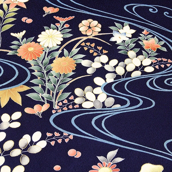 正絹 緞子織り 附下袷 ピンク地に花柄 着物 - 水着